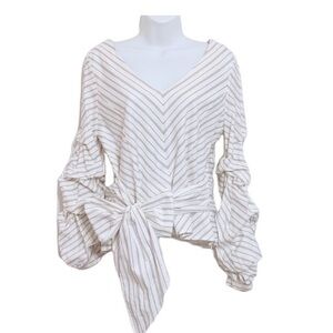 Jane and Delancey V-Neck Striped Blouse with Bow